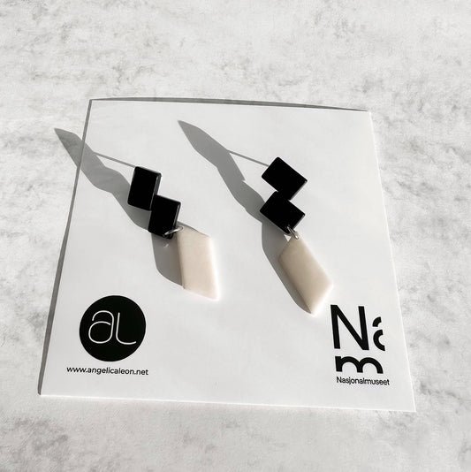 Architectonic and Colourful, long, dangling earrings made with handmade tagua nut beads, inspired by Nasjonal Museet Oslo